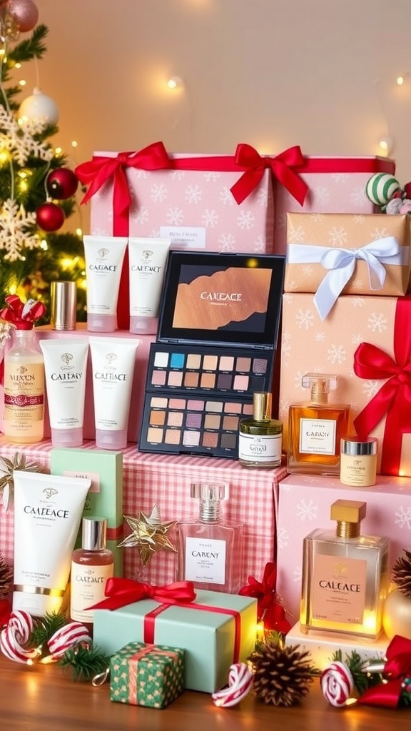 A festive arrangement of beauty gifts including skincare, makeup, and fragrance for Christmas.
